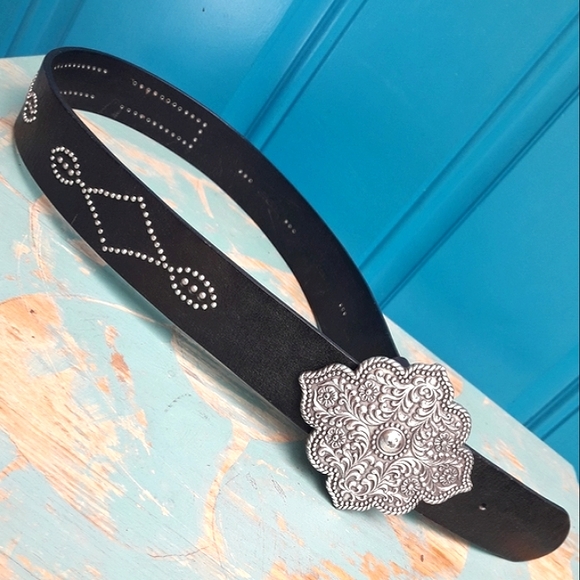 Genuine Leather Belt Buckle Metal Studded Rivets Micro Crystals Black - Picture 2 of 16